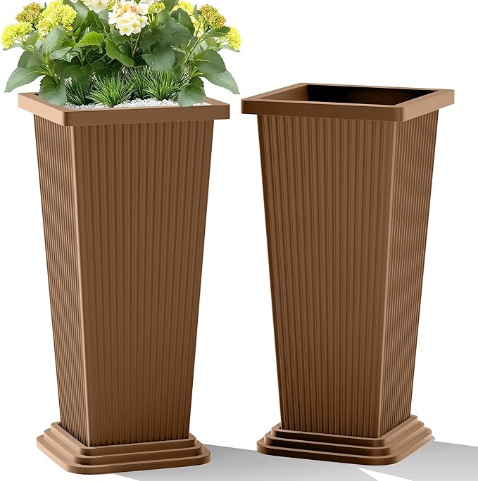 Set of 2 Tall Planters, 24" Large Indoor Outdoor Flower Pots with Tray, Modern Tapered Planters for Porch, Patio, Garden, Backyard