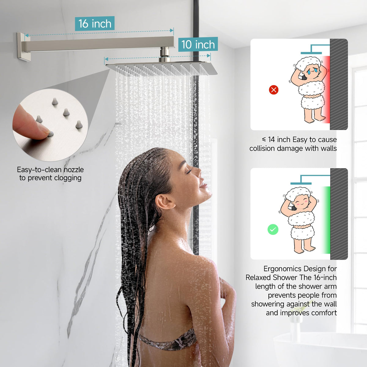 SR SUN RISE Shower Faucet Set & System - 10 Inch Rainfall Shower Head & Handle Set Wall Mounted Brushed Nickel Solid Brass Valve Trim Kit Included