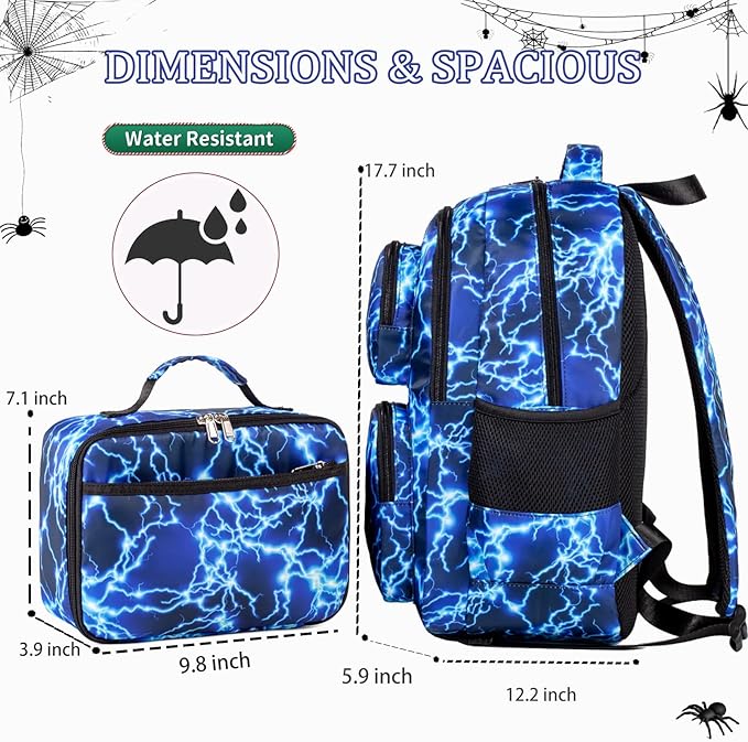 Kids Backpack Boys Lightning Backpack with Lunch Box Kindergarten Elementary Middle School Travel Sport Blue Bookbag for Boys Ages 4-14, Flash Lightning-Blue