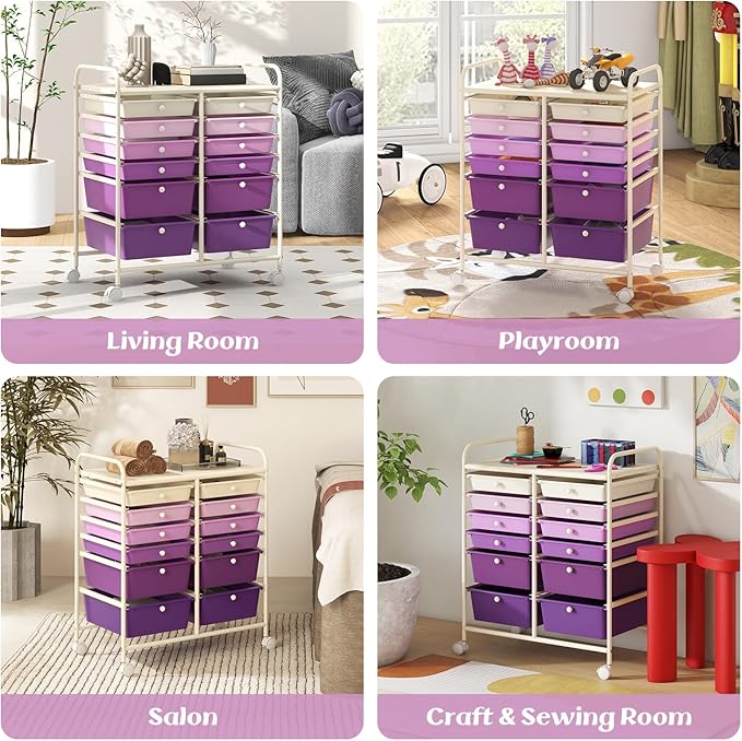 COSTWAY 12-Drawer Rolling Storage Cart, Moveable Art Craft Organizer W/Lockable Wheels, Metal Shelf, Files Arrangement Tools Makeup Storage Cart for Office, Home, School, Purple Gradient