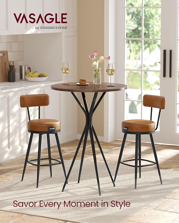 VASAGLE Bar Table, Round Cocktail High Top Pub Bistro Table for Party, Kitchen Dining, Home Bar, 23.6 x 23.6 x 41.3 Inches, Metal Frame, Modern Style, Easy to Assemble, Natural Walnut and Black