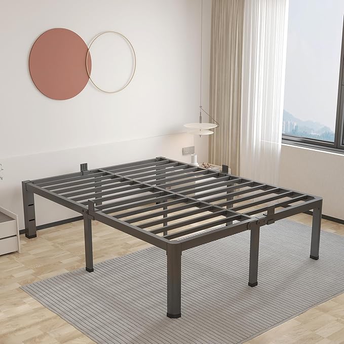 ROIL 20 Inch Queen Bed Frame with Rounded Corner and Headboard Hole Mattress Retainers 3500LBS Metal Heavy Duty Steel Slats No Box Spring Needed Platform Noise-Free Easy Assembly