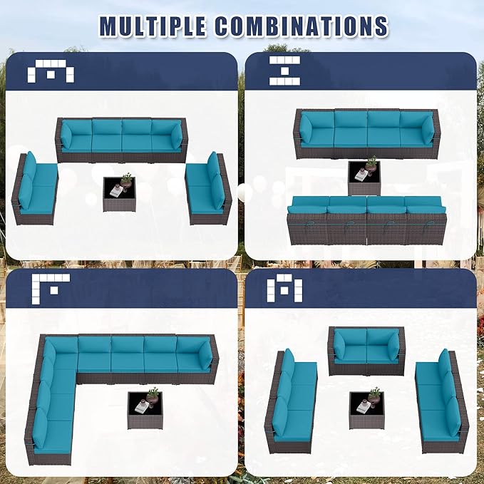 Kurapika 9 Pieces Patio Furniture Set, Rattan Wicker Outdoor Conversation Sets w/4 Inch Cushion and Glass Coffee Table(Blue)