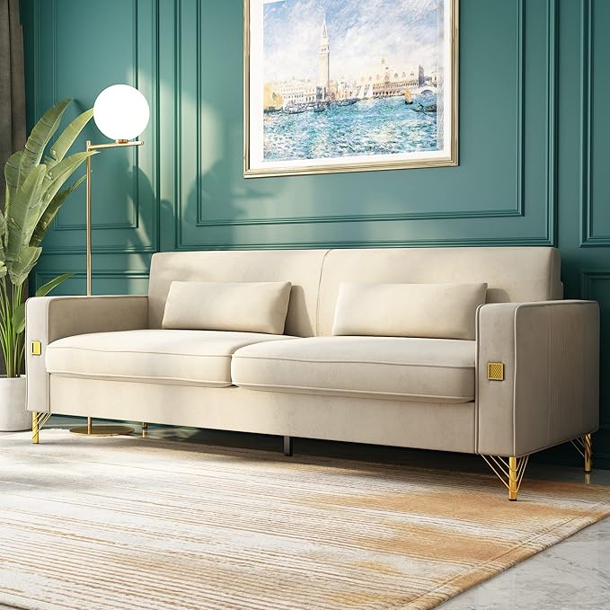 85.63" Velvet Sofa,Modern Loveseat Couch with Pillows Set of 2 for Living Room,Bedroom,Apartment Furniture with Gold Metal Legs (Beige)
