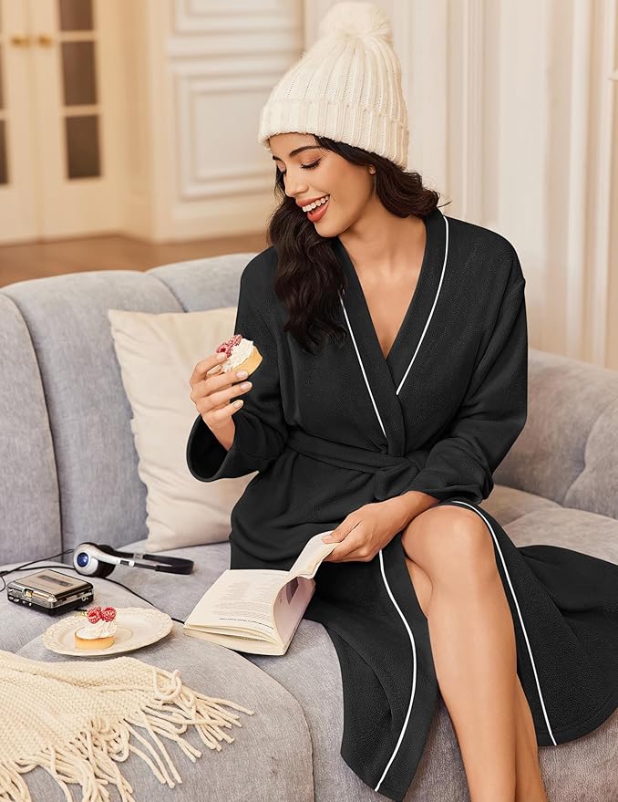 Ekouaer Robes for Women Long Sleeves Bathrobe V Neck Cozy Housecoat Lightweight Fleece Robe with Pockets S-XXL