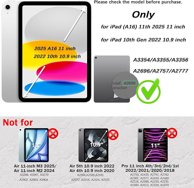 Weuiean Case for iPad A16 11th/10th Generation 11/10.9 Military-Grade Heavy-Duty Shockproof Cover with 360° Rotating Stand Built-in Pencil Holder &amp Adjustable Hand/Shoulder Strap - Black