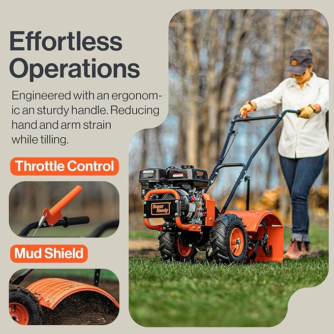 SuperHandy Tiller Cultivator – 7HP 209cc Engine, Adjustable Tilling Width & Depth, Heavy-Duty Steel Tines for Garden Soil Prep, Landscaping & Weed Removal (Rear Tine Tiller)