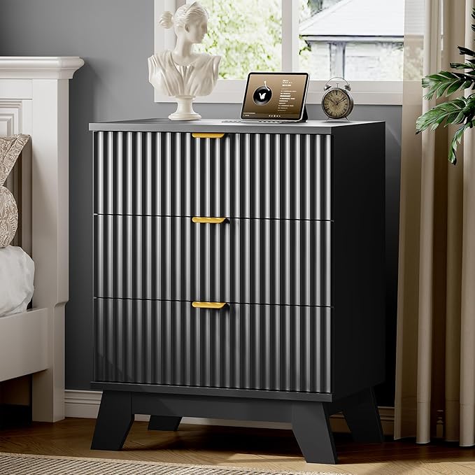 Fluted Nightstand with Charging Station, 24" Wide Bedside Table with 3 Large Storage Drawers, Modern Wood Side Table Night Stand, End Table Small Dresser for Bedroom, Living Room, Dorm, Black
