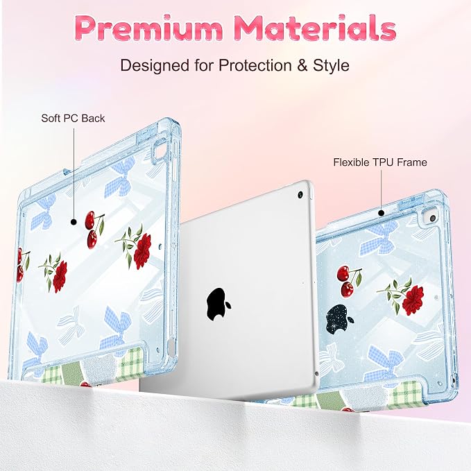 Mektron Sparkly Case for iPad 10.2 inch Glitter Tablet Cases for iPad 9th Gen 2021/8th Gen 2020/7th Gen 2019 Cover with Shiny Clear Back Shell Foldable Bling Smart Cover Blue Floral