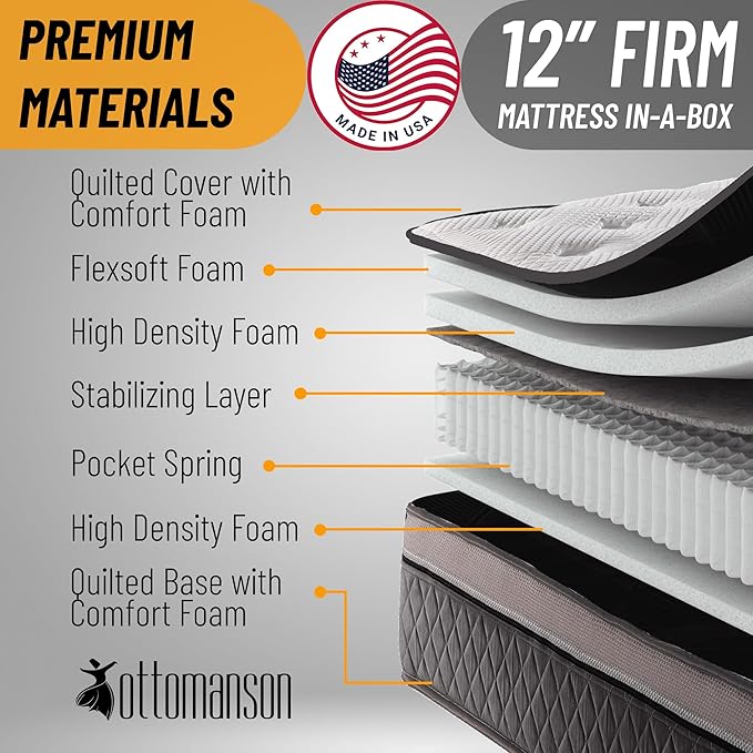 Ottomanson Queen 12” Eurotop Hybrid Mattress - Premium Quilted Cover - Made in USA - Medium-Firm Support - Individually Pocketed Coils & CertiPUR-US Foam - Fiberglass-Free - Bed in a Box