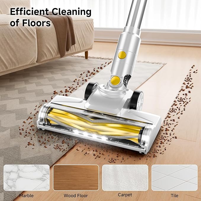 Cordless Vacuum Cleaner, 35Kpa Vacuum Cleaner for Home, 45Mins Stick Vacuum with LED Display, Anti-Tangle & Wall Mount Charging, 6 in 1 Lightweight Vacuum for Hard Floors, Carpet, Pet Hair (yellow)
