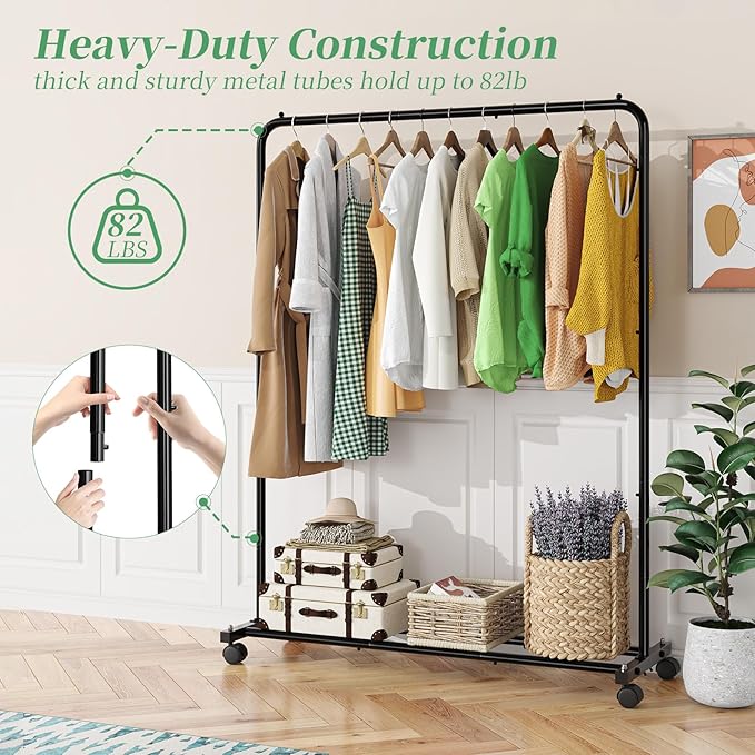 Simple Trending Standard Clothes Clothing Garment Rack with Storage Shelves, Rolling Clothes Organizer on Wheels for Hanging Clothes, Black