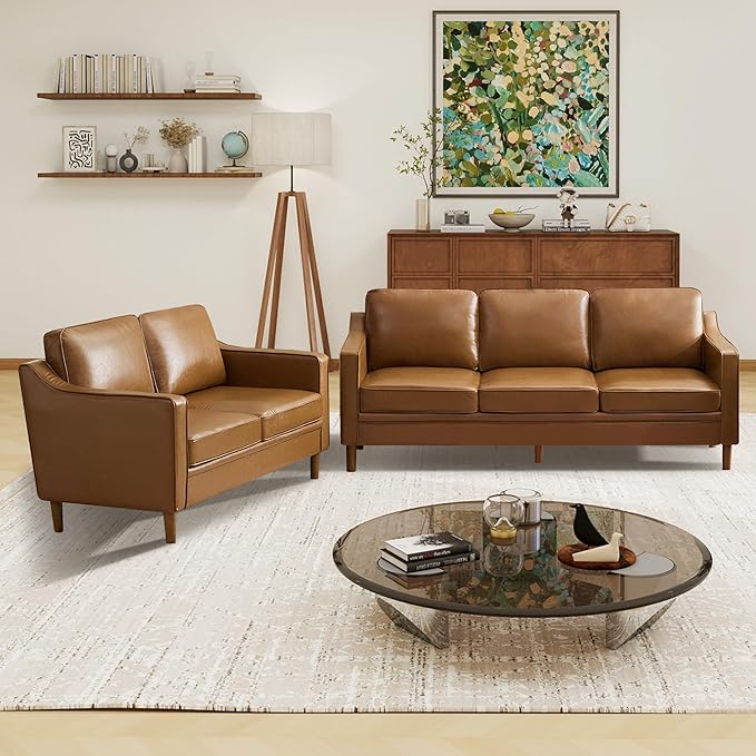 Kingfun Living Room Furniture Sets, 3 Seater Couch and Loveseat, Mid Century Modern Sofa Set, Faux Leather Couch with Solid Wood Frame for Living Room & Bedroom, Brown