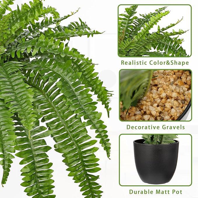 Hollyone Artificial Fern Plants in Pot 34.6" Large Artificial Boston Fern 39 Leaves for Outdoors & Indoor Faux Potted Plant Fake Ferns Bush Plant for Patio Garden Farmhouse Porch Home Decor Green