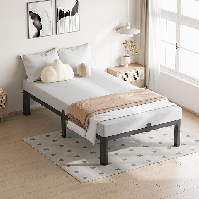 7 Inch Twin Size Bed Frame, 3500Lbs Heavy Duty Metal Platform with Round Corner Legs Mattress Slide Stopper, Steel Slat Support No Box Spring Needed, Noise Free, Non-Slip, Easy Assembly