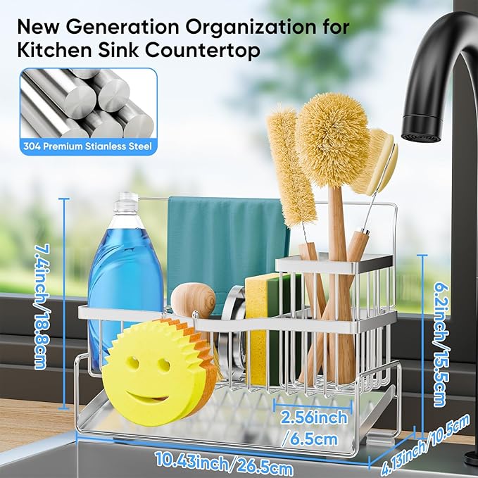 Sponge Holder for Kitchen Sink 304 Stainless Steel Self-Draining Sink Caddy with Smiley Face Sponge and Brush Holder Towel Bar and Divider Kitchen Gadgets Organizer for Countertop, Silver