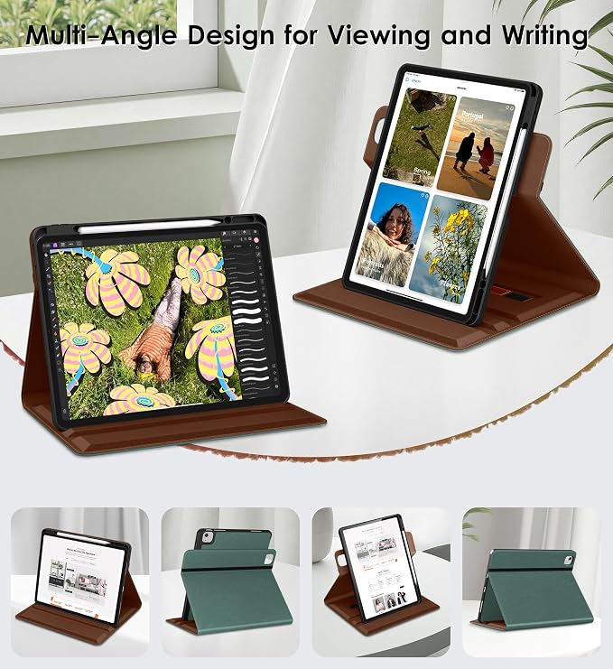 DTTO for iPad Air 13 Inch Case M4 / M3 / M2 (2026/2025/2024) 360 Degree Rotating Premium Leather Folio Stand Cover with Pencil Holder Brown