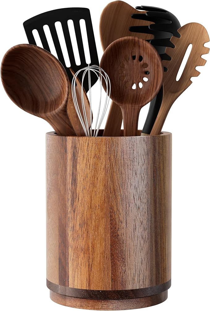Utensil Holder, Acacia Wood Kitchen Utensil Holder for Countertop, 360°Rotating Cooking Utensil Crock for Kitchen Counter, 7.2" Large Utensil Organizer for Spatula