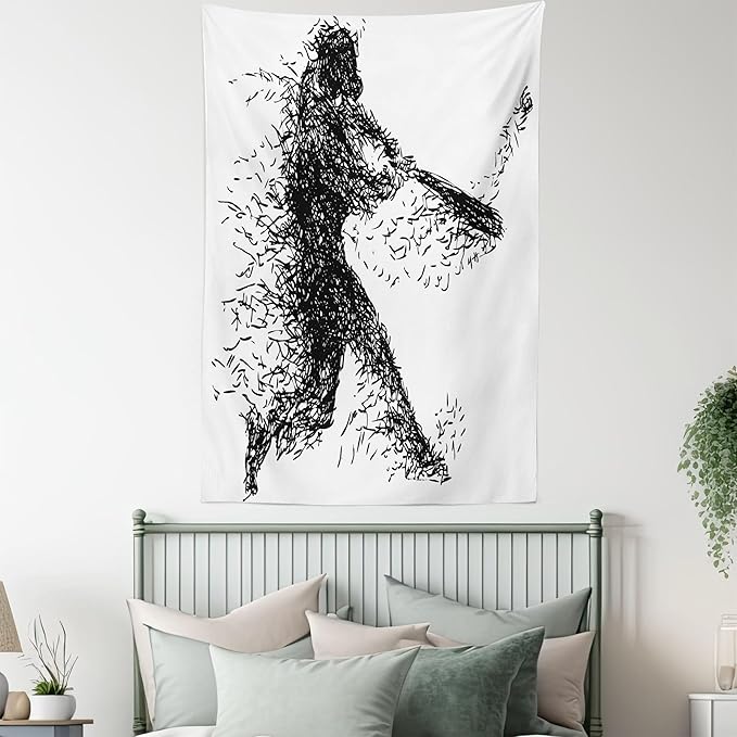 Ambesonne Black and White Tapestry, Abstract Illustration of a Baseball Player Posing Grunge, Fabric Wall Hanging Decor for Bedroom Living Room Dorm, 30" X 45", White Charcoal