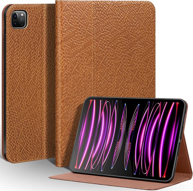 Leather Case for iPad Pro 11 Inch 4/3/2/1 GenSilver Black | Genuine Leather Cover for iPad Pro 11 2022/2021/2020/2018Smart Folio Auto Sleep/WakeProtectiveAdjustable Stand