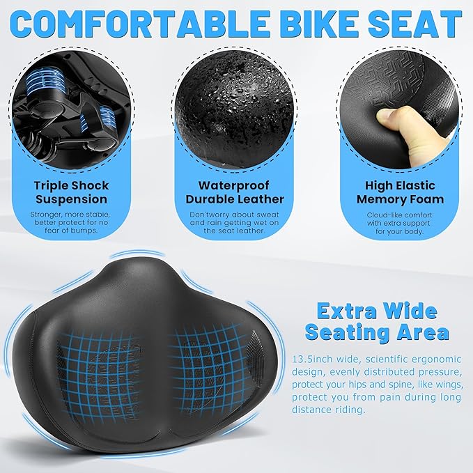 Noseless Oversized Bike Seat for Men Women Comfort, Extra Wide Padded Bicycle Seat Cushion, Large Comfortable Bike Saddle for Peloton, Stationary Exercise Bike, Beach Cruiser, City Bike, Ebike