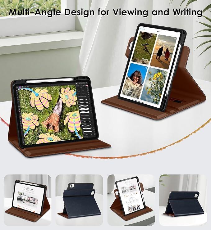 DTTO for iPad Pro 13 Inch Case M5 / M4 (2025/2024) Brown | 360 Degree Rotating Premium Faux Leather Folio Stand Cover with Pencil Holder Auto Sleep/Wake Multiple Angles