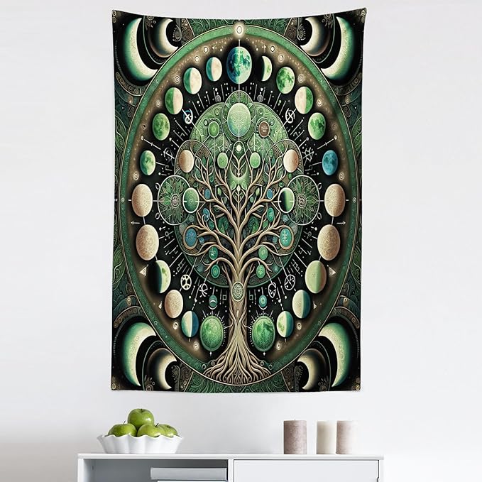 Ambesonne Green Tapestry, Moon Phases Around a Tree of Life Enhance Night Boho Astrology Design Print, Fabric Wall Hanging Decor for Bedroom Living Room Dorm, 30" X 45", Black Ecru and Blue