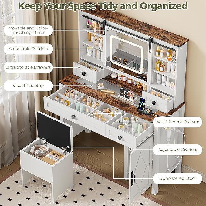 IRONCK Farmhouse Vanity Desk with Sliding Mirror & Lights, Glass Top Makeup Vanity Table with Power Outlet, 3 Color Lighting Modes, 4 Drawers & Storage Cabinet, Includes Cushioned Stool for Bedroom