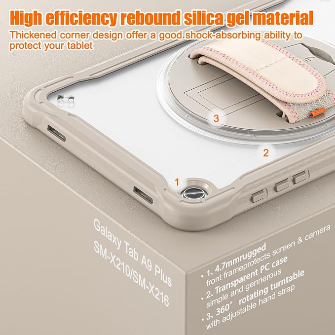 Junfire Clear Case for Samsung Galaxy Tab A9 Plus 11-inch 2023 Shockproof Slim Hard Case for Galaxy Tab A9+ with 360°Rotating Kickstand/Hand Strap/Shoulder Strap-Black
