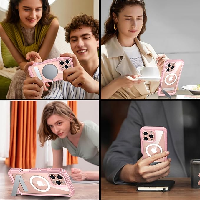 Magnetic & Stand for iPhone 16 Pro Max Case Built-in Privacy Screen Protector[360° Full Body Protection][Fit for Magsafe][Lens Protector] Heavy Duty Shockproof Case for iPhone 16 Pro Max Pink