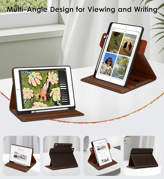 DTTO for iPad 9th/8th/7th Gen Case 10.2 Inch (2021/2020/2019) Brown | 360 Degree Rotating Premium Faux Leather Folio Stand Cover with Pencil Holder Auto Sleep/Wake Multiple Angles Hand Strap