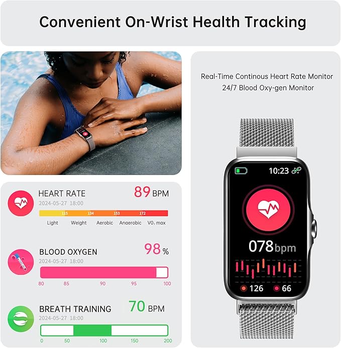 Sunorshop Health Fitness Tracker, Smart Watch with 24/7 Heart Rate and Blood Oxygen Monitor, Sleep Tracker with IP68 Waterproof, Activity Tracker Pedometer Step Counter for Women Men (Silver Gray)