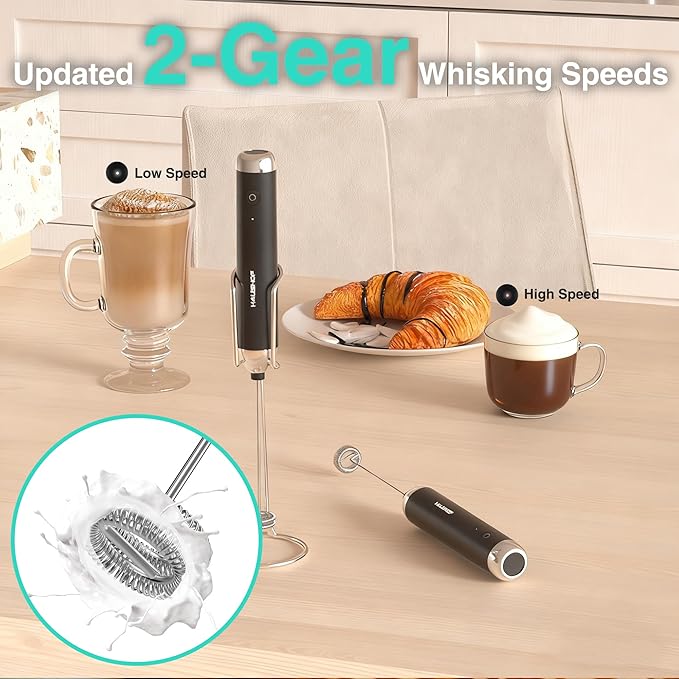 HAUSHOF Rechargeable Milk Frother with Stand, Powerful Handheld Electric Foam Maker, Drink Mixer with 2 Detachable Stainless Steel Whisks, 2-Speed for Coffee, Cappuccino, Matcha, Latte