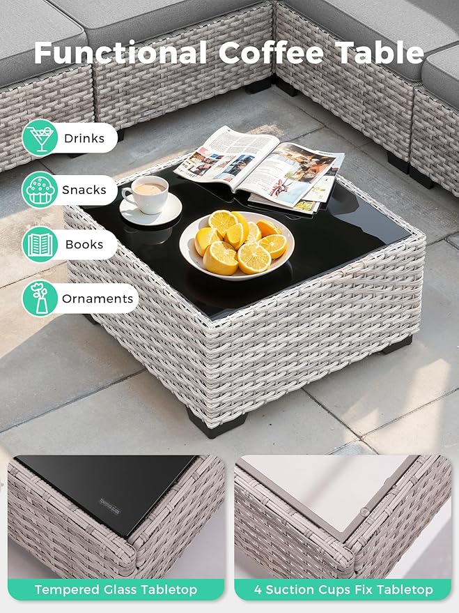 12 Piece Outdoor Wicker Rattan Sectional Sofa Set, 10-Seats Patio Furniture Conversation Set with 4" Thickened Cushions & Coffee Table, All-Weather PE Rattan for Garden, Backyard, Porch, Grey