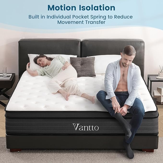 Queen Size Mattress, 10 Inch Individual Pocket Springs Hybrid Memory Foam Mattress in a Box for Pressure Relief, Motion Isolation, CertiPUR-US, Medium Firm