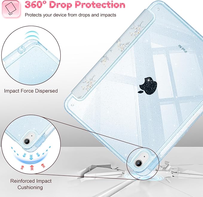 for iPad Air 11 inch M4/M3/M2 (2026/2025/2024) iPad Air 5th/4th Gen (2022/2020) 10.9 inch with Pencil Holder Glitter Clear Pretevtive Cover Auto Wake/Sleep Black Cartoon Stickers