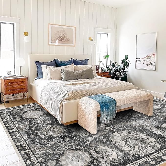 RUGSURE Washable Area Rugs - Perfect for Living Room, Bedroom, Kids Room, Nursery - Stain & Water Resistant Non-Slip, Pet & Child Friendly, Vintage Tribal Area Rugs (Grey, 8' x 10')