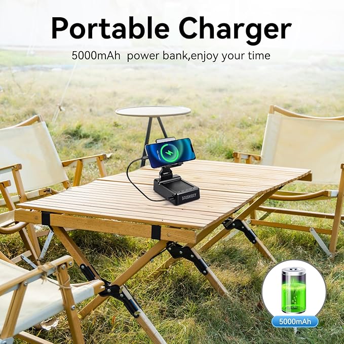 Birthday Gifts for Women Men 7 in 1 Multi-Function Phone Stand with Bluetooth Speaker Portable Charger Alarm Clock LED Light USB Playback Hands-Free Calling (Black)