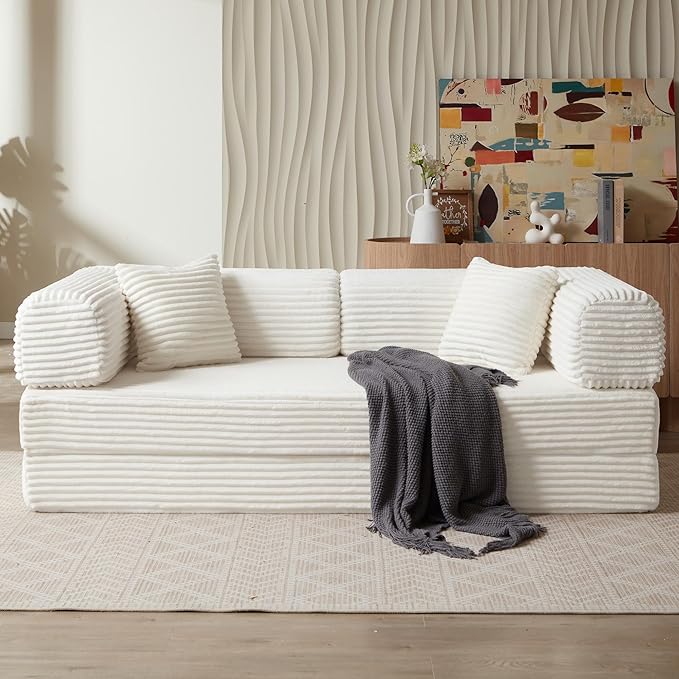 Boneless Couch Sofa Bed Sectional Couches for Living Room,Futon Cloud Couch with Sleeper Sofa,Sofas for Living Room Oversized Corduroy Upholstered (White)