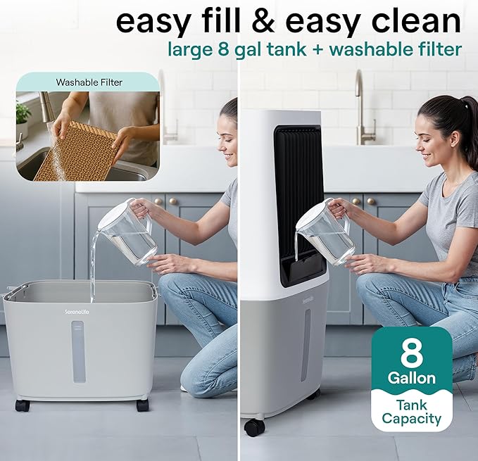 SereneLife Portable Swamp Cooler Air Conditioner - 2500 CFM Airflow, 8 Gallon Water Tank Portable Evaporative Air Cooler for Room & Outdoors, WiFi, Humidifier & Fan Modes, Ice Packs & Remote Included