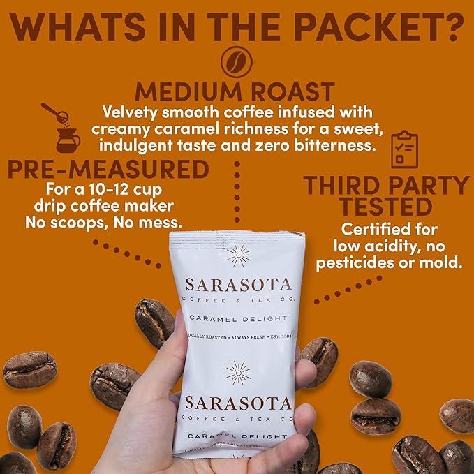 Salted Caramel Coffee Packs – Flavored Medium Roast | 2.5oz Pre-Measured Ground Packets for 12-Cup Brewer | Low Acid Mold-Free Gourmet Pouches | 36 Count by Sarasota Coffee