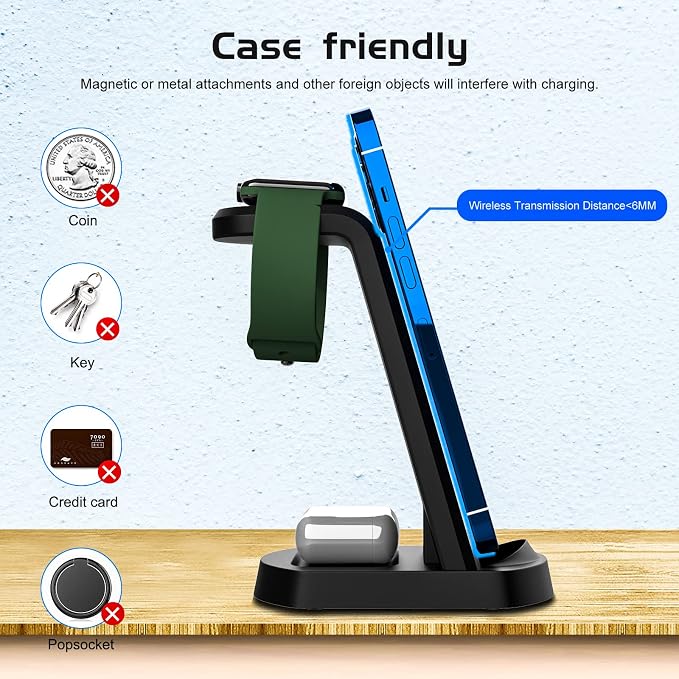 Aoresac 15W Fast Charging Dock 3 in 1 Wireless Charging Station Smartphone Watch Earbuds Stand Holder with Anti Slip Design Indicator Light for Home Office Hotel Bar
