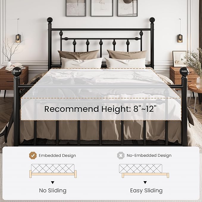 SHA CERLIN 14'' Full Size Metal Platform Bed Frame/Victorian Headboard and Footboard/Steel Slats Mattress Foundation for Storage/No Box Spring Needed/Noise Free/Black