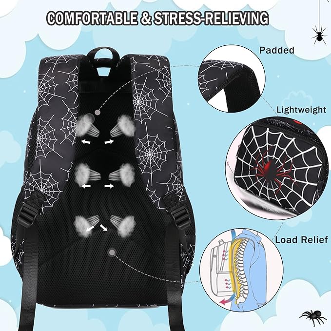 Kids Backpack Boys Spider Backpack with Lunch Box Kindergarten Elementary Middle School Travel Sport Toddler Bookbag for Boys Ages 4-14, Spider-Black