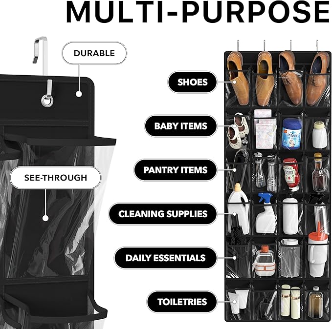 Simple Houseware 24 Pockets Large Clear Pockets Over The Door Hanging Shoe Organizer, Black (56" x 22.5")