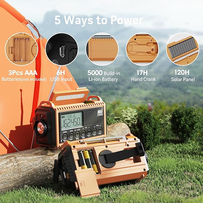 5000 Emergency Weather Radio with AM/FM/NOAA/SW, 5 Ways Powered Solar Hand Crank Alert Radio with LCD Display&SOS, Portable Radio with Cellphone Charger, Flashlight, Reading Lamp, Headphone Jack