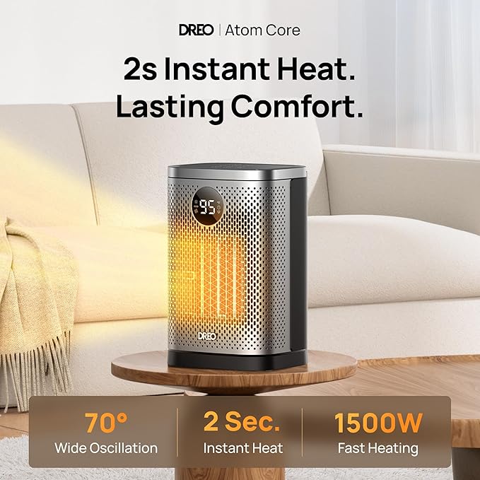 DREO Space Heater for Indoor, Portable Heater, 1500W Compact Ceramic Convection Electric Space Heater,70°Oscillating, Remote, 3-Heat Levels