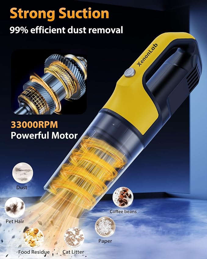 Handheld Vacuum Cordless 1.1 Pounds Car Vac 10000PA Hand Held Vacuums 4-in-1 Hand Vac Cordless Rechargeable HEPA Filter Large Capacity Dust Cup for Car Office Home Pets Hair (Pale Yellow)