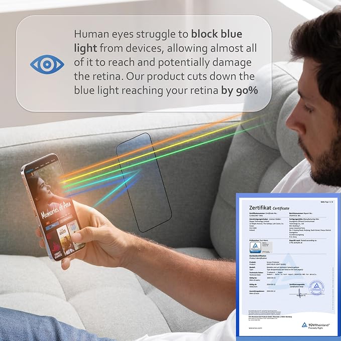 |2 Pack| Anti-Blue Light Screen Protector for iPhone 12 Pro Max (6.7')| Scratch Resistant Tempered Glass | 3D Edge to Edge Coverage | Easy Installation Kit | Eye Safeguard TÜV Certified