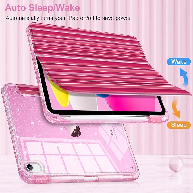 MEEgoodo Case for iPad A16 11th Generation 2025/10th Generation 2022 Glitter Tablet Cases with Transparent Acrylic Back+Trifold Stand +Pencil Holder+Auto Wake/SleepAbstract Sun &amp Palm Tree